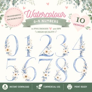 May include: A set of watercolour numbers from 0 to 9, painted in shades of blue and decorated with floral accents. The image includes the text "Watercolour 0-9 Numbers", and indicates the design is available for instant download.