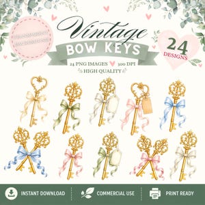 Watercolour Vintage Gold Keys Clipart Bundle, Ornate Bows (Digital Download)