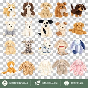 123 watercolor plushie animals PNG bundle with cute stuffed toy dogs, bunnies, bears, foxes, penguins, dinosaurs, dragons, sea animals, and woodland creatures. High-resolution transparent PNG clipart for sublimation, nursery decor, baby gifts, stickers, and crafts.