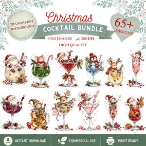 Puede incluir: Una colección digital de más de 65 imágenes PNG de cócteles navideños con ilustraciones en acuarela de Santa Claus, renos, ratones y elfos relajándose en copas festivas llenas de bebidas, bayas y bastones de caramelo.