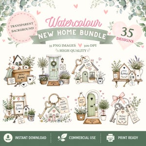 以下が含まれることがあります： 水彩「New Home Bundle」グラフィックセット、35のデザイン。家、鍵、ドア、植物のイラストが含まれています。「New Home」、「Happy Memories」、「Welcome Home」のテキストが含まれています。画像は高品質で印刷可能です。
