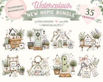 Whimsical Watercolour New Home Clipart Bundle | 35 PNG Images | Housewarming Sublimation & DIY Decor