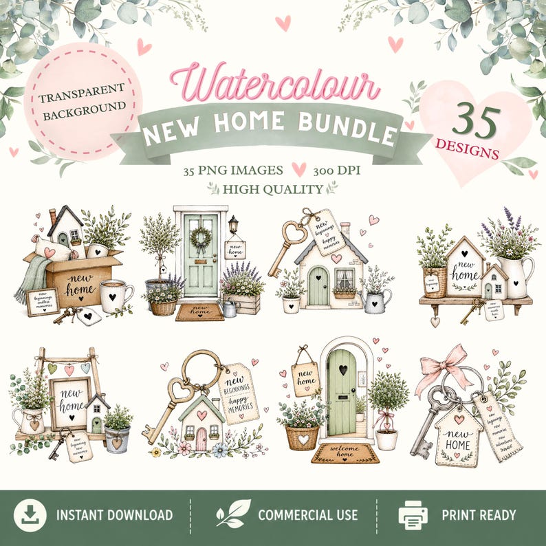 Whimsical watercolor new home clipart bundle featuring cozy cottage houses, floral front doors, vintage keys, rustic shelves, welcome home signs, and soft pastel greenery in sage green and blush pink tones. Includes 35 high-quality transparent PNG designs for sublimation, scrapbooking, stickers, invitations, and DIY home decor projects