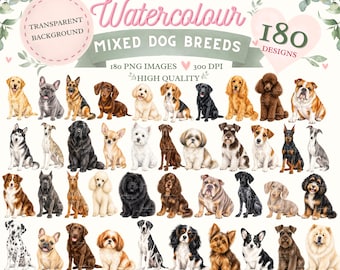 Watercolour Mixed Dog Breeds Clipart Bundle – 180 PNG Images – Commercial Use – Transparent Background