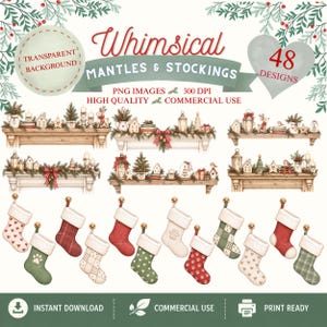 May include: A digital collection of 48 Christmas-themed illustrations featuring decorated fireplace mantels and various patterned stockings. The set includes festive elements like pine branches, bows, and houses, presented as high-quality PNG files.