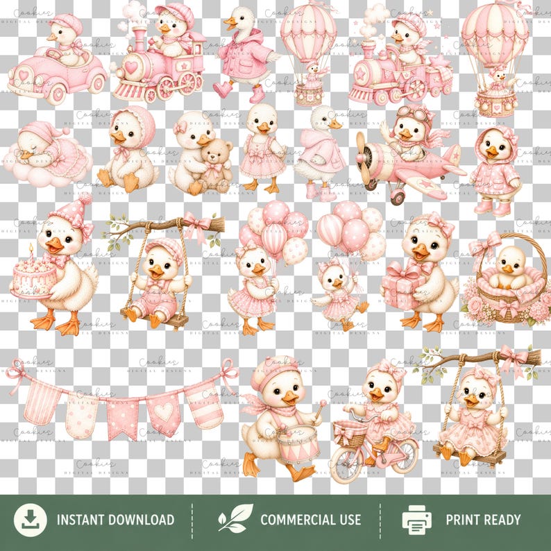 Pink Goose Watercolor Clipart Bundle | 100 Whimsical Baby Graphics ...