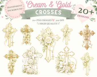 Cream Gold Crosses Clipart, Watercolor Floral Baptism Graphics (Digital Download)