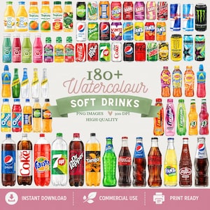 May include: A digital collection of over 180 watercolor illustrations of various soft drinks, including plastic bottles, glass bottles, and aluminum cans from popular brands, featuring diverse colors, labels, and shapes for graphic design use.
