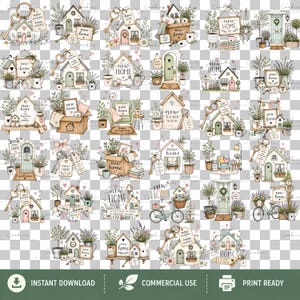 Whimsical watercolor new home clipart bundle featuring cozy cottage houses, floral front doors, vintage keys, rustic shelves, welcome home signs, and soft pastel greenery in sage green and blush pink tones. Includes 35 high-quality transparent PNG designs for sublimation, scrapbooking, stickers, invitations, and DIY home decor projects