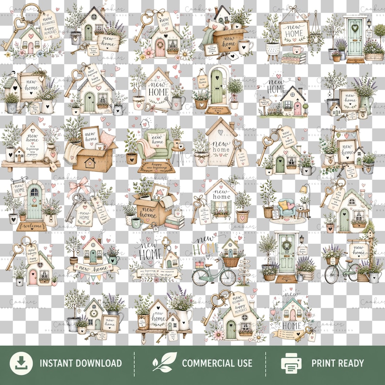 Whimsical watercolor new home clipart bundle featuring cozy cottage houses, floral front doors, vintage keys, rustic shelves, welcome home signs, and soft pastel greenery in sage green and blush pink tones. Includes 35 high-quality transparent PNG designs for sublimation, scrapbooking, stickers, invitations, and DIY home decor projects