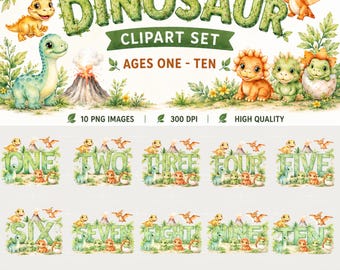 Watercolor Dinosaur Birthday Clipart | Ages One to Ten PNG (Digital Download)