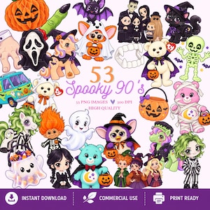 Può includere: Una collezione digitale di 53 illustrazioni a tema Halloween con personaggi dei cartoni animati, fantasmi e zucche. Il testo recita 53 Spooky 90's, 53 PNG IMAGES, 300 DPI, HIGH QUALITY, INSTANT DOWNLOAD, COMMERCIAL USE e PRINT READY.