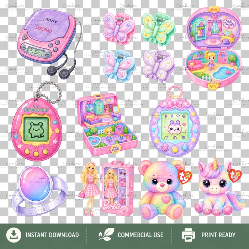 Large pastel 90s girlhood PNG clipart bundle featuring 165 high-resolution transparent illustrations inspired by nostalgic childhood toys, accessories, and collectibles. Includes rainbow slinkies, Care Bear-characters, Tamagotchi-style pets, Polly Pocket-inspired playsets, Furby-inspired toys, roller skates, jelly shoes, friendship bracelets, telephones, Walkman-style music players, boomboxes, cameras, candy, hair accessories, backpacks, notebooks, lava lamps, and colorful pastel fashion items.