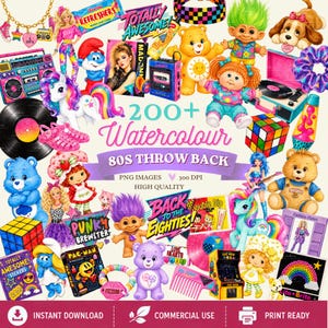 Puede incluir: Una colección digital de ilustraciones en acuarela con temática de los 80 que incluye juguetes icónicos, muñecas, personajes de dibujos animados, juegos arcade, reproductores de casetes, discos de vinilo y patrones coloridos con el texto 200+ Watercolour 80s Throw Back.