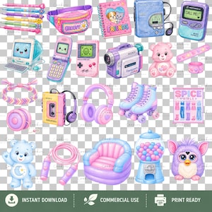 Large pastel 90s girlhood PNG clipart bundle featuring 165 high-resolution transparent illustrations inspired by nostalgic childhood toys, accessories, and collectibles. Includes rainbow slinkies, Care Bear-characters, Tamagotchi-style pets, Polly Pocket-inspired playsets, Furby-inspired toys, roller skates, jelly shoes, friendship bracelets, telephones, Walkman-style music players, boomboxes, cameras, candy, hair accessories, backpacks, notebooks, lava lamps, and colorful pastel fashion items.