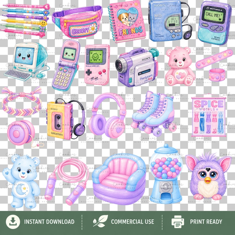 Large pastel 90s girlhood PNG clipart bundle featuring 165 high-resolution transparent illustrations inspired by nostalgic childhood toys, accessories, and collectibles. Includes rainbow slinkies, Care Bear-characters, Tamagotchi-style pets, Polly Pocket-inspired playsets, Furby-inspired toys, roller skates, jelly shoes, friendship bracelets, telephones, Walkman-style music players, boomboxes, cameras, candy, hair accessories, backpacks, notebooks, lava lamps, and colorful pastel fashion items.