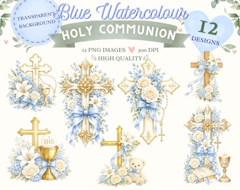 Blue Watercolour Holy Communion Crosses Clipart | Baptism, Confirmation Graphics (Digital Download)