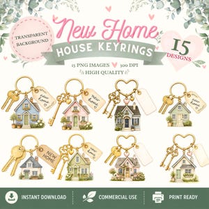 Watercolour New Home Keyring PNG, Housewarming Gift, Sublimation File (Digital Download)