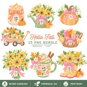 Coquette Fall Clipart Bundle, Pink Bow Pumpkin, Sunflower Graphics (35 PNGs)