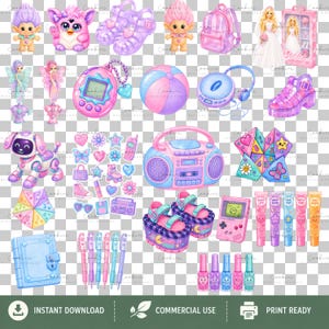 Large pastel 90s girlhood PNG clipart bundle featuring 165 high-resolution transparent illustrations inspired by nostalgic childhood toys, accessories, and collectibles. Includes rainbow slinkies, Care Bear-characters, Tamagotchi-style pets, Polly Pocket-inspired playsets, Furby-inspired toys, roller skates, jelly shoes, friendship bracelets, telephones, Walkman-style music players, boomboxes, cameras, candy, hair accessories, backpacks, notebooks, lava lamps, and colorful pastel fashion items.