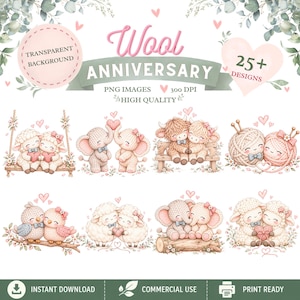 Op de afbeelding: Een digitale collectie van 25+ hoogwaardige PNG-afbeeldingen met aquarelillustraties van paren dieren en wolbollen met hartjes. De tekst luidt Wool Anniversary, Transparent Background, 300 DPI, Instant Download en Print Ready.
