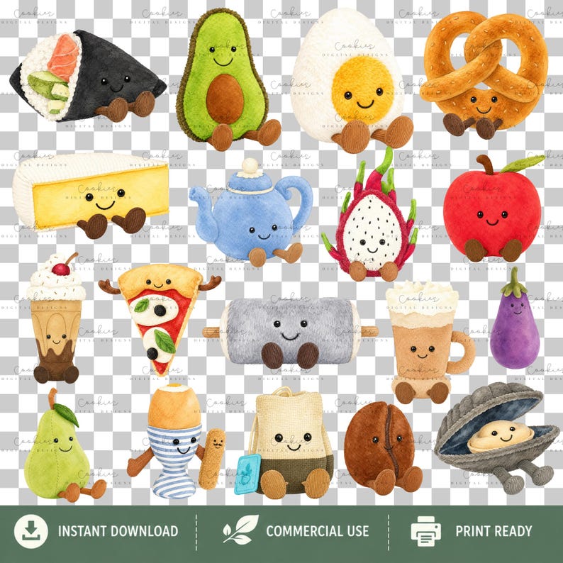 44 watercolor plush food PNG bundle featuring adorable kawaii smiling foods including pizza, avocado, burger, sushi, ramen, pretzel, coffee, teapot, ice cream, lemon, apple, dragon fruit, pear, peach, corn, broccoli, asparagus, carrot, pumpkin, beet, eggplant, pickle, banana, taco, hot dog, oatmeal, cake, and more. High-resolution transparent PNG clipart for sublimation, stickers, Cricut, printable crafts, and commercial use.