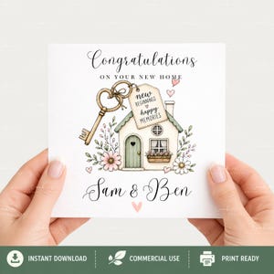 Whimsical watercolor new home clipart bundle featuring cozy cottage houses, floral front doors, vintage keys, rustic shelves, welcome home signs, and soft pastel greenery in sage green and blush pink tones. Includes 35 high-quality transparent PNG designs for sublimation, scrapbooking, stickers, invitations, and DIY home decor projects