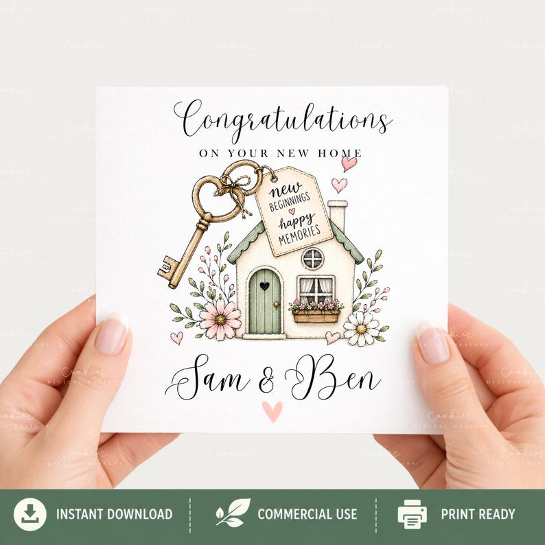 Whimsical watercolor new home clipart bundle featuring cozy cottage houses, floral front doors, vintage keys, rustic shelves, welcome home signs, and soft pastel greenery in sage green and blush pink tones. Includes 35 high-quality transparent PNG designs for sublimation, scrapbooking, stickers, invitations, and DIY home decor projects
