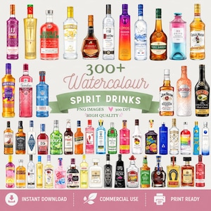 Watercolor Liquor Bottle Clipart Bundle (300+ PNG) | Alcohol Drinks Commercial Use Download