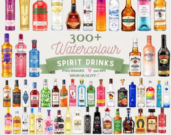 Watercolor Liquor Bottle Clipart Bundle (300+ PNG) | Alcohol Drinks Commercial Use Download