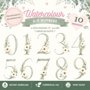 Könnte beinhalten: Eine Reihe von Aquarellzahlen von 0-9, jede mit floralen Arrangements verziert. Die Zahlen sind in einem sanften Grünton gehalten, mit weißen und cremefarbenen Blumen. Das Bild enthält den Text "Watercolour 0-9 Numbers" und "Instant Download".