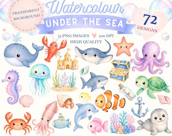 Watercolour Under the Sea Clipart | 72 Ocean Animals PNGs (Digital Download)