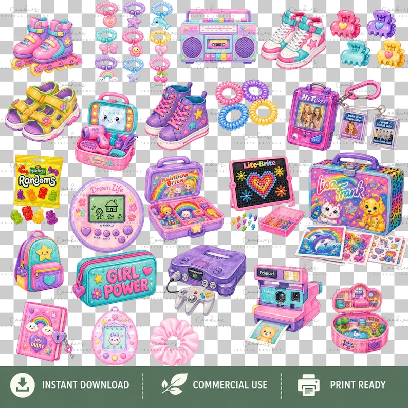 Large pastel 90s girlhood PNG clipart bundle featuring 165 high-resolution transparent illustrations inspired by nostalgic childhood toys, accessories, and collectibles. Includes rainbow slinkies, Care Bear-characters, Tamagotchi-style pets, Polly Pocket-inspired playsets, Furby-inspired toys, roller skates, jelly shoes, friendship bracelets, telephones, Walkman-style music players, boomboxes, cameras, candy, hair accessories, backpacks, notebooks, lava lamps, and colorful pastel fashion items.