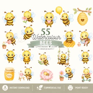 May include: A collection of 55 watercolour illustrations featuring cartoon bees in various activities, including holding a balloon, reading a book, painting, and gardening. The text reads 55 Watercolour BEES, 55 PNG IMAGES, 300 DPI, HIGH QUALITY, INSTANT DOWNLOAD, COMMERCIAL USE, and PRINT READY.