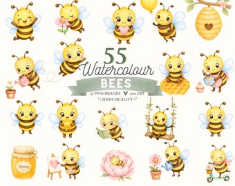 Watercolor Bee Clipart Bundle | Daisy Floral Frames, Wreaths (Digital Download)