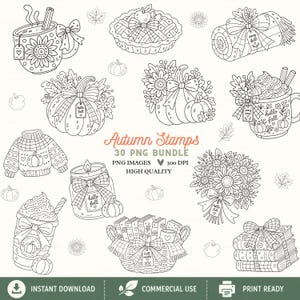 May include: A collection of black and white line art illustrations featuring autumn-themed items including mugs, pumpkins, a pie, a sweater, a candle, a bouquet, and books. The text reads Autumn Stamps 30 PNG BUNDLE PNG IMAGES 300 DPI HIGH QUALITY.