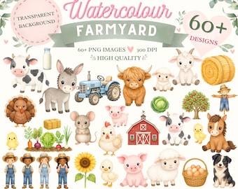 Watercolour Farmyard Clipart Bundle | Animals, Barn, Tractor (Digital Download)