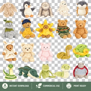 123 watercolor plushie animals PNG bundle with cute stuffed toy dogs, bunnies, bears, foxes, penguins, dinosaurs, dragons, sea animals, and woodland creatures. High-resolution transparent PNG clipart for sublimation, nursery decor, baby gifts, stickers, and crafts.