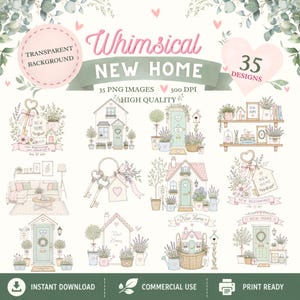 Whimsical Watercolour New Home Clipart Bundle | 35 PNG Images | Housewarming Sublimation & DIY Decor