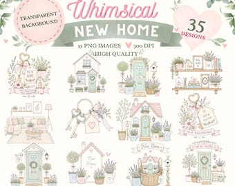 Whimsical Watercolour New Home Clipart Bundle | 35 PNG Images | Housewarming Sublimation & DIY Decor