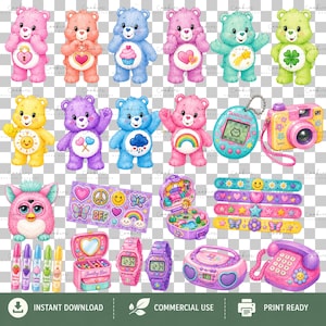 Large pastel 90s girlhood PNG clipart bundle featuring 165 high-resolution transparent illustrations inspired by nostalgic childhood toys, accessories, and collectibles. Includes rainbow slinkies, Care Bear-characters, Tamagotchi-style pets, Polly Pocket-inspired playsets, Furby-inspired toys, roller skates, jelly shoes, friendship bracelets, telephones, Walkman-style music players, boomboxes, cameras, candy, hair accessories, backpacks, notebooks, lava lamps, and colorful pastel fashion items.