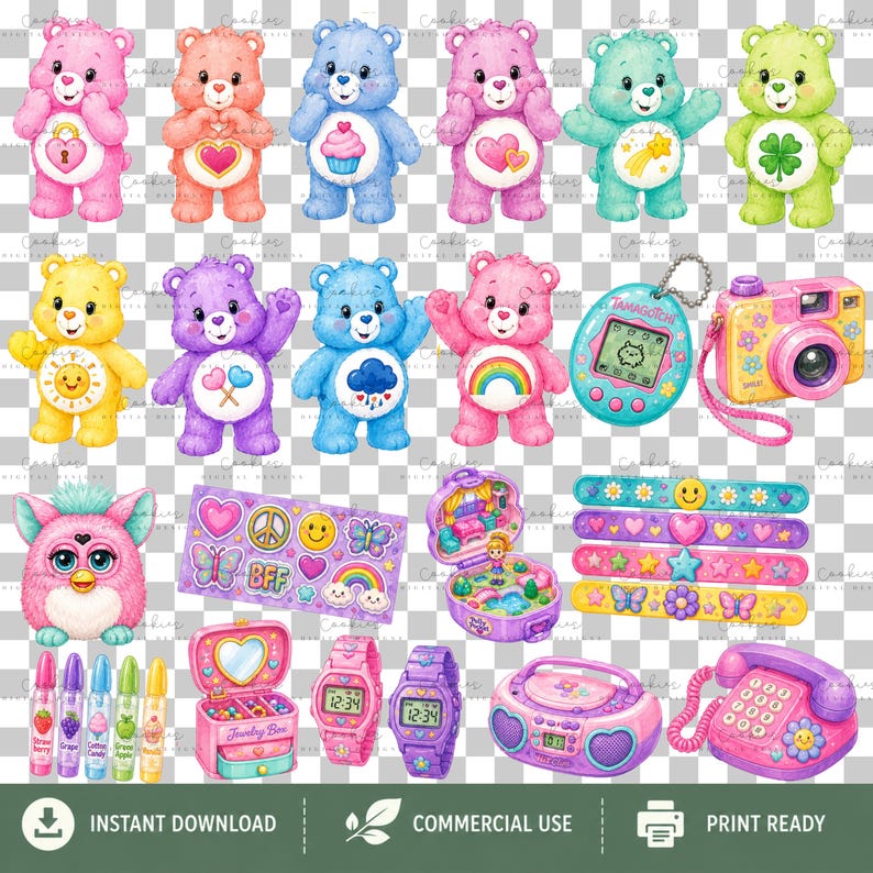 Large pastel 90s girlhood PNG clipart bundle featuring 165 high-resolution transparent illustrations inspired by nostalgic childhood toys, accessories, and collectibles. Includes rainbow slinkies, Care Bear-characters, Tamagotchi-style pets, Polly Pocket-inspired playsets, Furby-inspired toys, roller skates, jelly shoes, friendship bracelets, telephones, Walkman-style music players, boomboxes, cameras, candy, hair accessories, backpacks, notebooks, lava lamps, and colorful pastel fashion items.