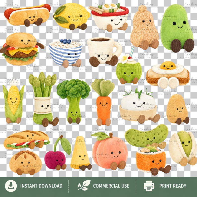44 watercolor plush food PNG bundle featuring adorable kawaii smiling foods including pizza, avocado, burger, sushi, ramen, pretzel, coffee, teapot, ice cream, lemon, apple, dragon fruit, pear, peach, corn, broccoli, asparagus, carrot, pumpkin, beet, eggplant, pickle, banana, taco, hot dog, oatmeal, cake, and more. High-resolution transparent PNG clipart for sublimation, stickers, Cricut, printable crafts, and commercial use.