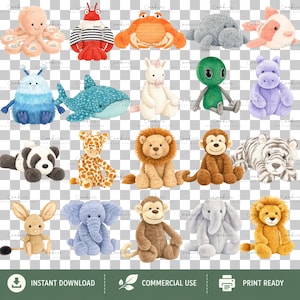 123 watercolor plushie animals PNG bundle with cute stuffed toy dogs, bunnies, bears, foxes, penguins, dinosaurs, dragons, sea animals, and woodland creatures. High-resolution transparent PNG clipart for sublimation, nursery decor, baby gifts, stickers, and crafts.