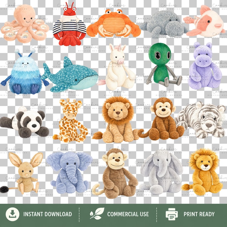 123 watercolor plushie animals PNG bundle with cute stuffed toy dogs, bunnies, bears, foxes, penguins, dinosaurs, dragons, sea animals, and woodland creatures. High-resolution transparent PNG clipart for sublimation, nursery decor, baby gifts, stickers, and crafts.