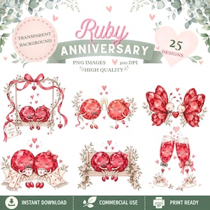 Bundel met PNG-clipart voor een robijnen jubileum, 25 romantische aquarelontwerpen voor een 40e huwelijksjubileum