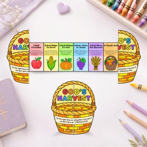 May include: A printable craft activity featuring a yellow woven basket labelled God's Harvest with the text At the right time, we will gather a harvest if we don't give up (Galatians 6:9) and six colourful panels depicting harvest themes.