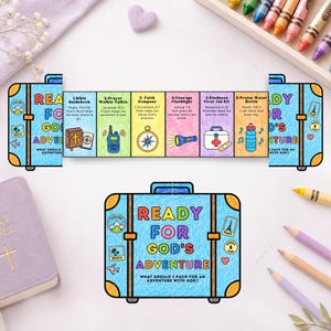Lavoretto creativo con versetti biblici a forma di valigia, pagina da colorare stampabile per la scuola domenicale, attività di fede per bambini, foglio di lavoro da ritagliare e piegare a tema viaggi cristiani
