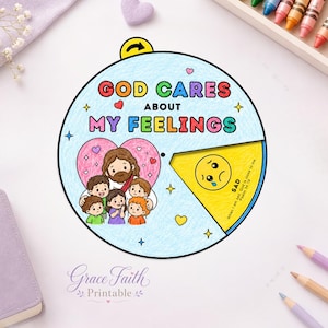 God Cares About My Feelings Printable, Christian Emotions Wheel Coloring Craft, Sunday School Bible Verse Spinner Activity, Kids Lesson Kit