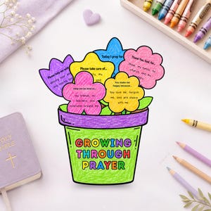 May include: A paper craft of a green flower pot with the text GROWING THROUGH PRAYER, filled with colourful paper flowers in purple, yellow, blue, and pink. Each flower contains printed religious prompts and prayers for children to complete.